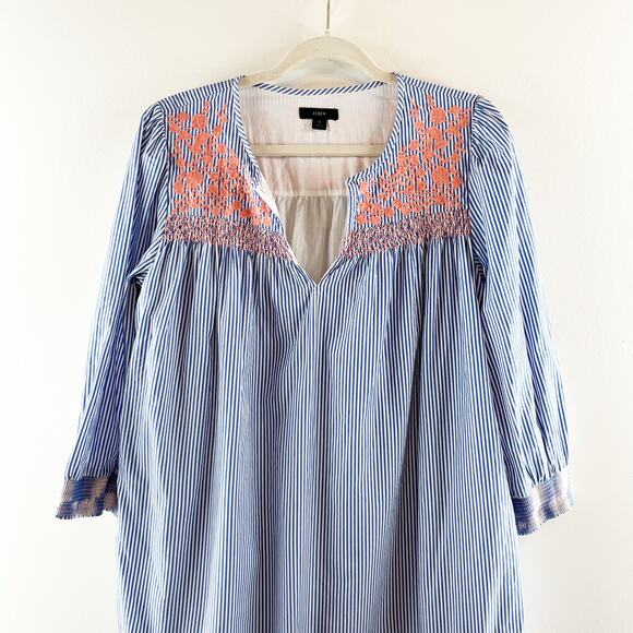 J. Crew Leda Popover Embroidered Striped 3/4 Sleeve Cotton Mini Dress Blue Small - Picture 3 of 9